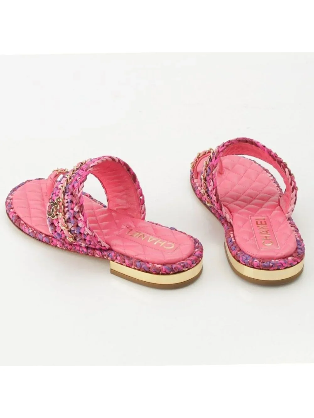 Chanel Leather Tweed CC Logo Chain Flat Sandals Pink 37C